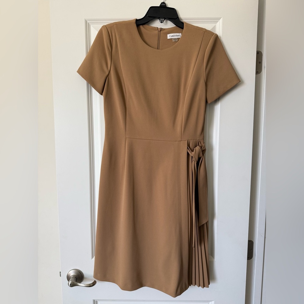 NWOT Calvin Klein Tan Dress with Pleated Accent